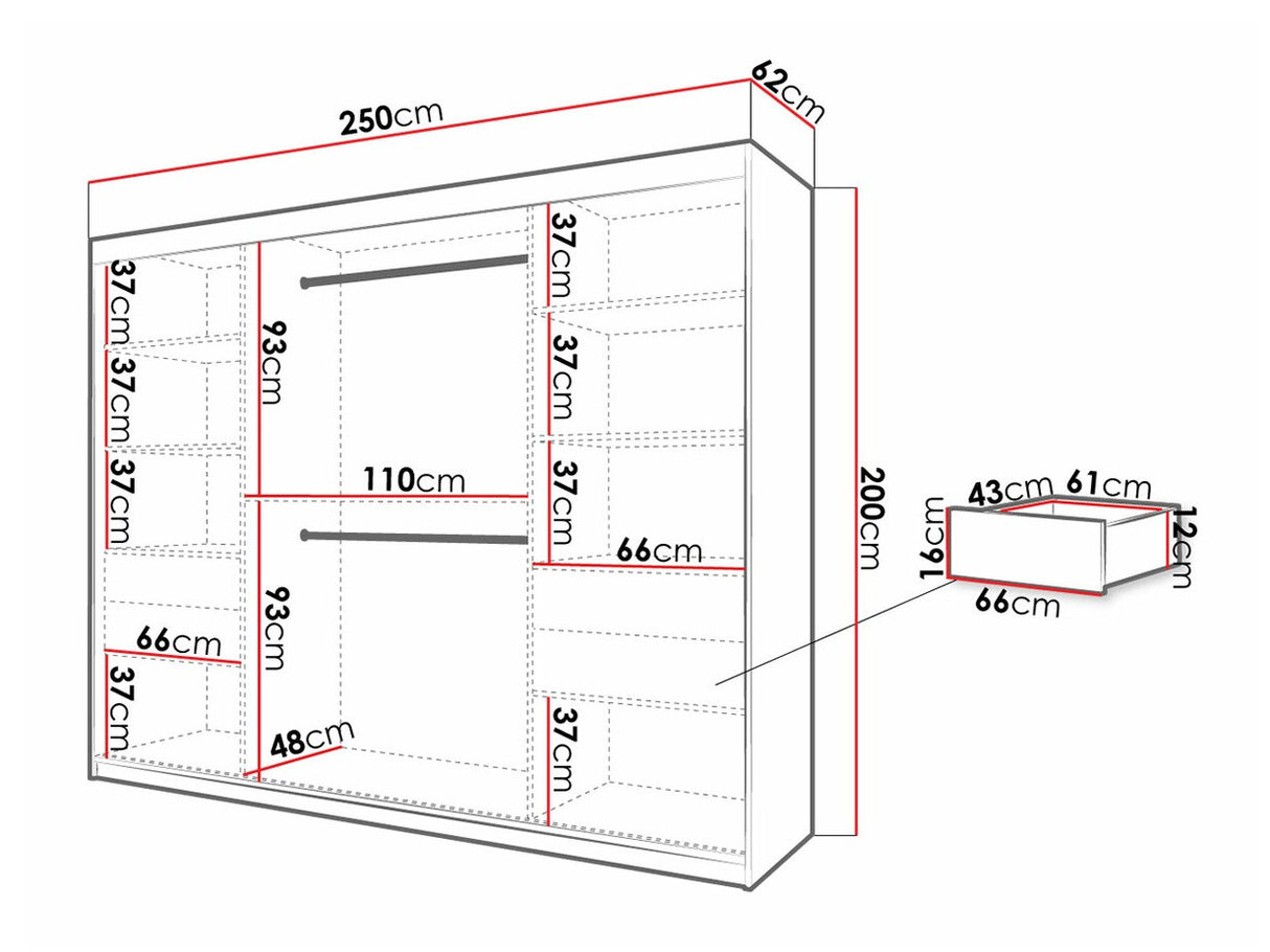 Gardróbszekrény 250 Jodełka 2 (Ratintu), Szín: Fehér + Fekete, Fiókok: Igen