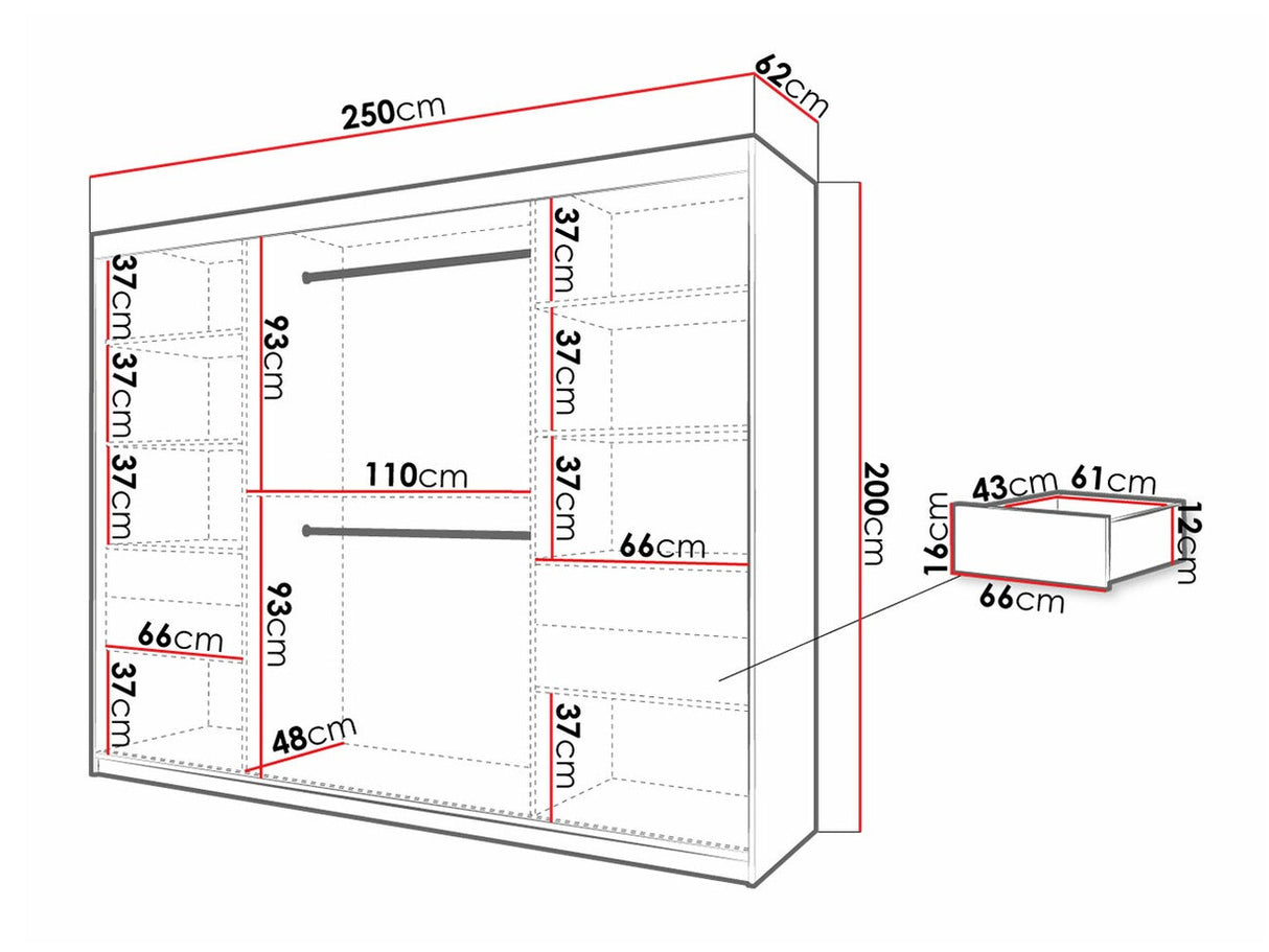 Gardróbszekrény 250 Jodełka 2 (Ratintu), Szín: Artisan tölgy + Fekete, Fiókok: Igen