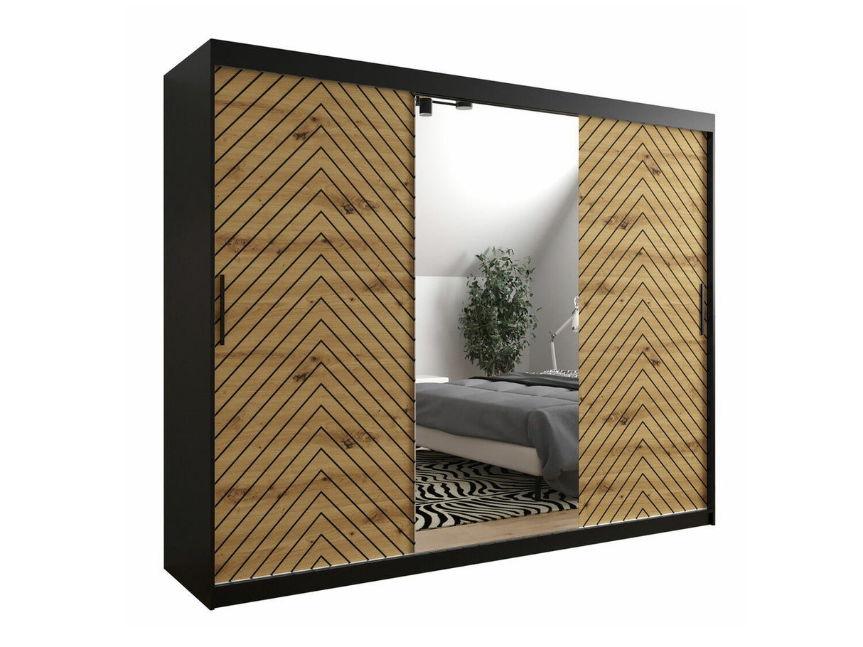 Gardróbszekrény 250 Jodełka 2 (Ratintu), Szín: Fekete + Artisan tölgy, Fiókok: Igen