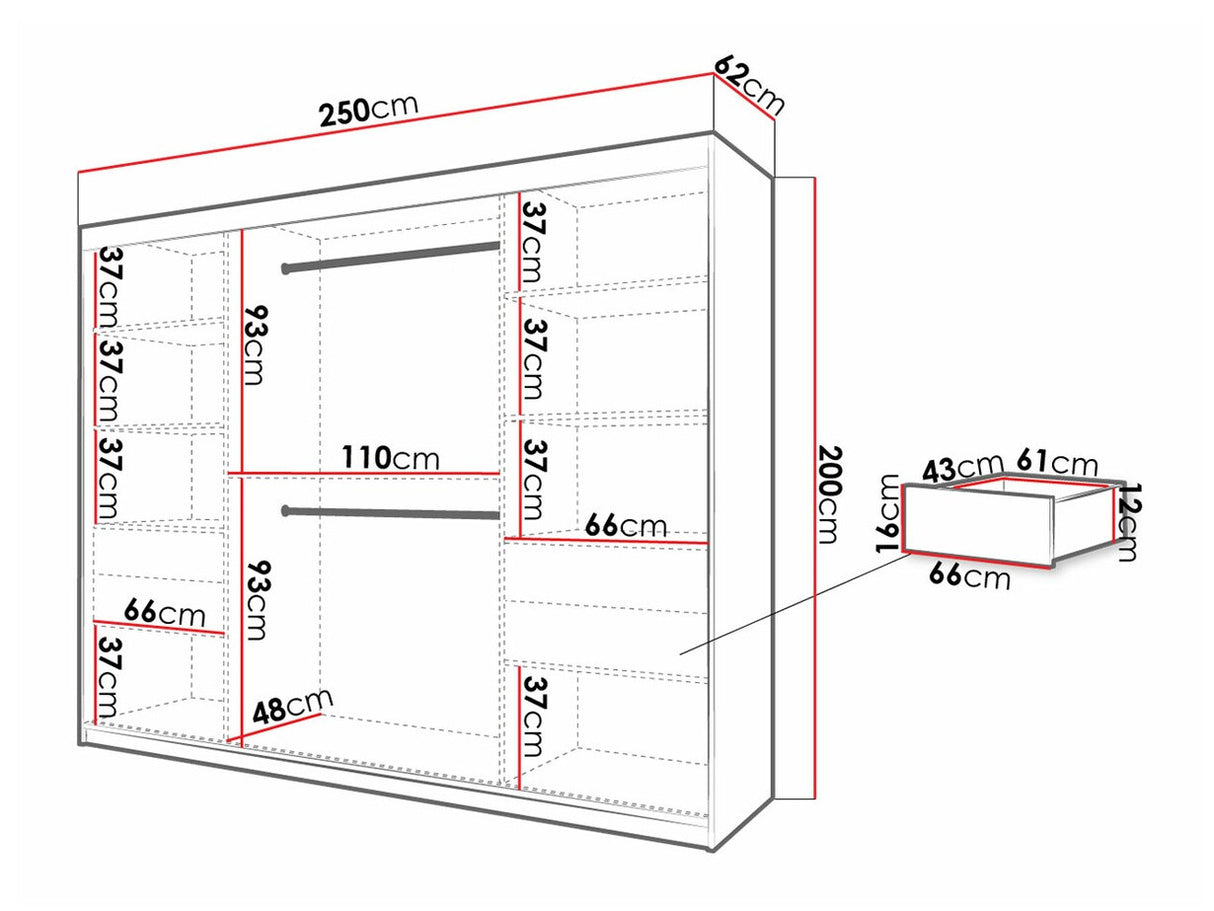Gardróbszekrény 250 Jodełka 2 (Ratintu), Szín: Fekete + Artisan tölgy, Fiókok: Igen