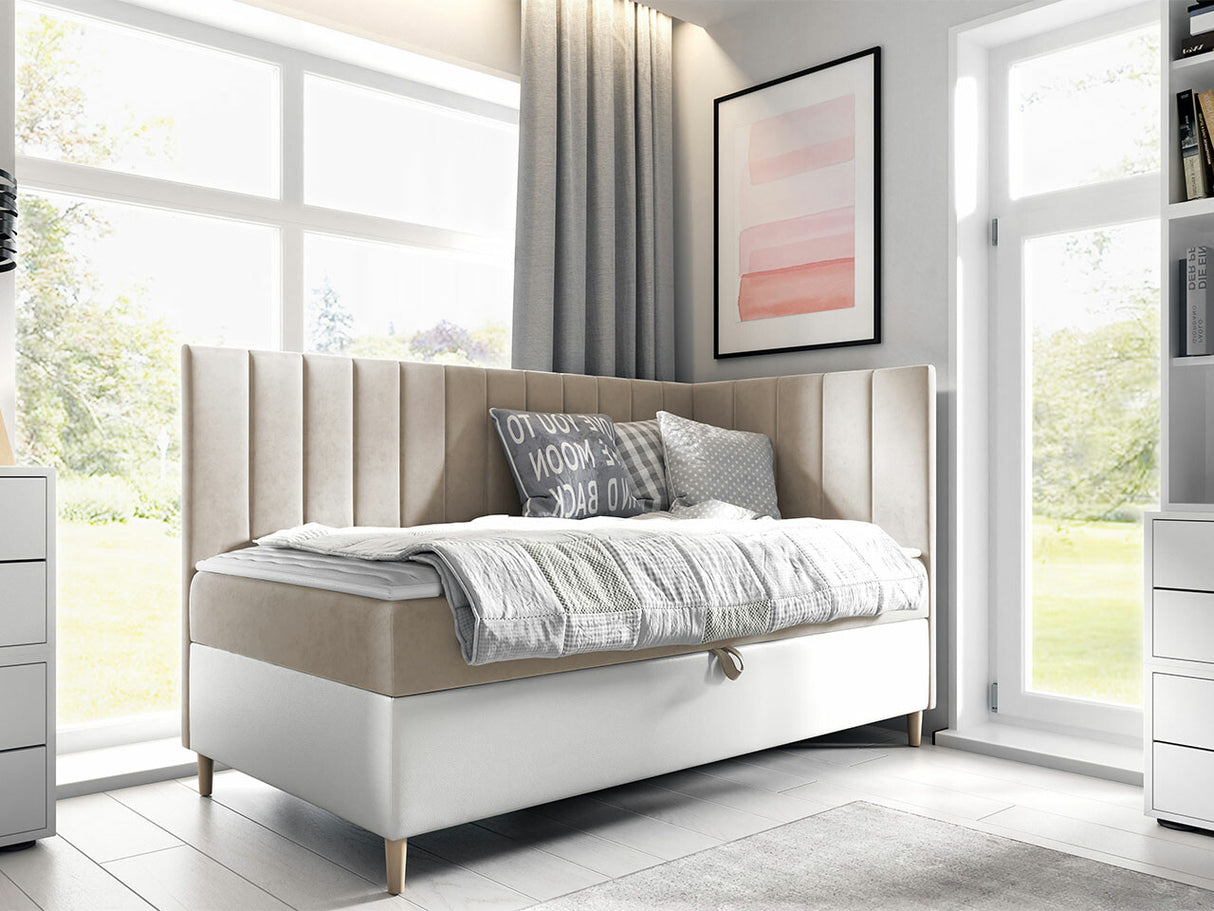 Kontinentális ágy JUNIOR MAJA 3, Szín: Öko bőr Soft 017 + Fresh 1, Ágyneműtartó: Jobbra, Alvó felület mérete: 100 x 200 cm