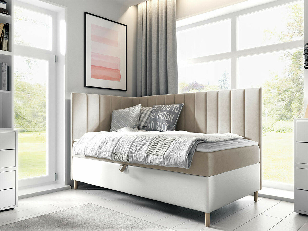 Kontinentális ágy JUNIOR MAJA 3, Szín: Öko bőr Soft 017 + Fresh 1, Ágyneműtartó: Bal oldalon, Alvó felület mérete: 100 x 200 cm