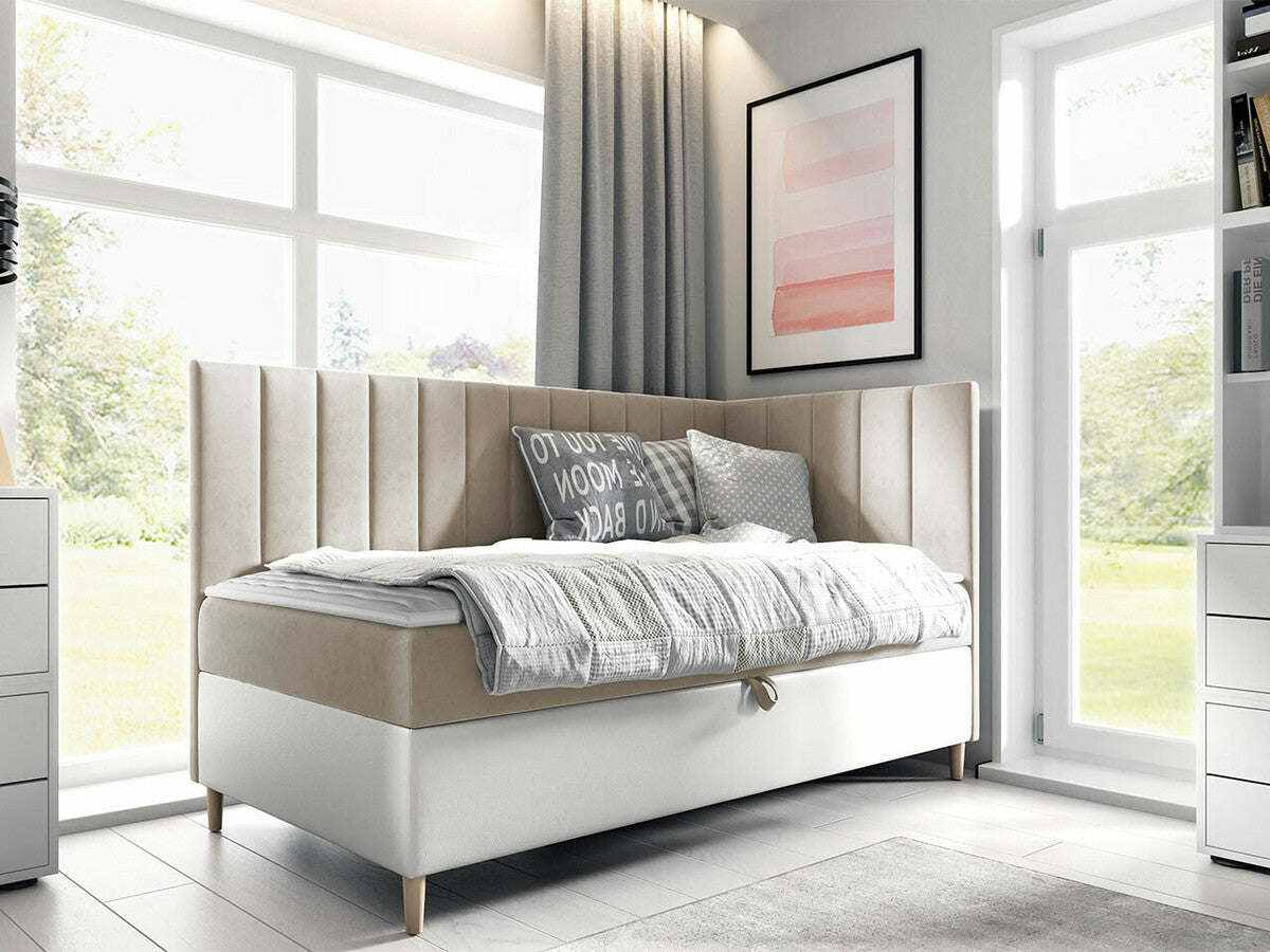 Kontinentális ágy JUNIOR MAJA 3, Szín: Öko bőr Soft 017 + Fresh 1, Ágyneműtartó: Jobbra, Alvó felület mérete: 90 x 200 cm