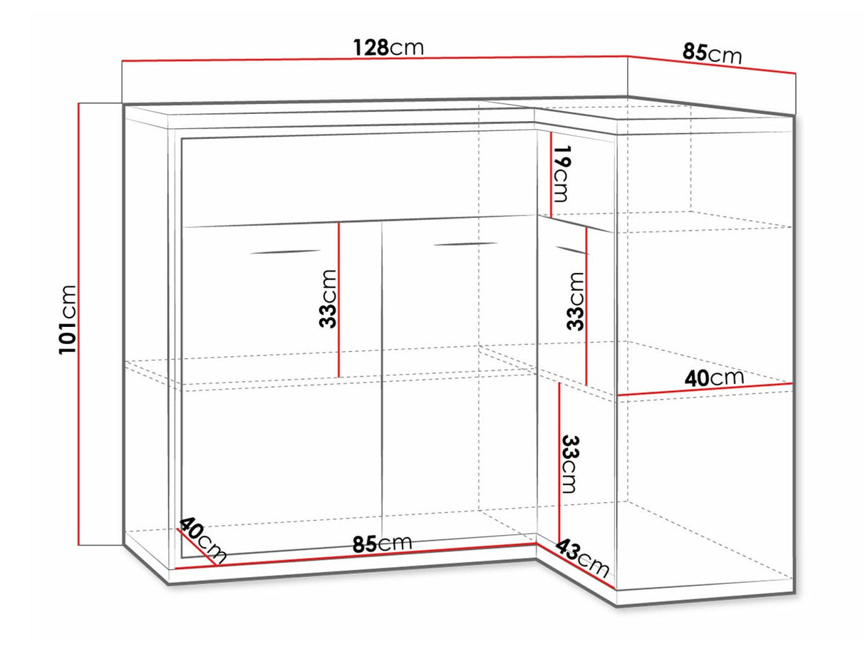 Sarok komód MEDIOLAN 15 K (Sarged SR15 K), Szín: Fényes fa, Led világítás: Nem, Lábak: Nem
