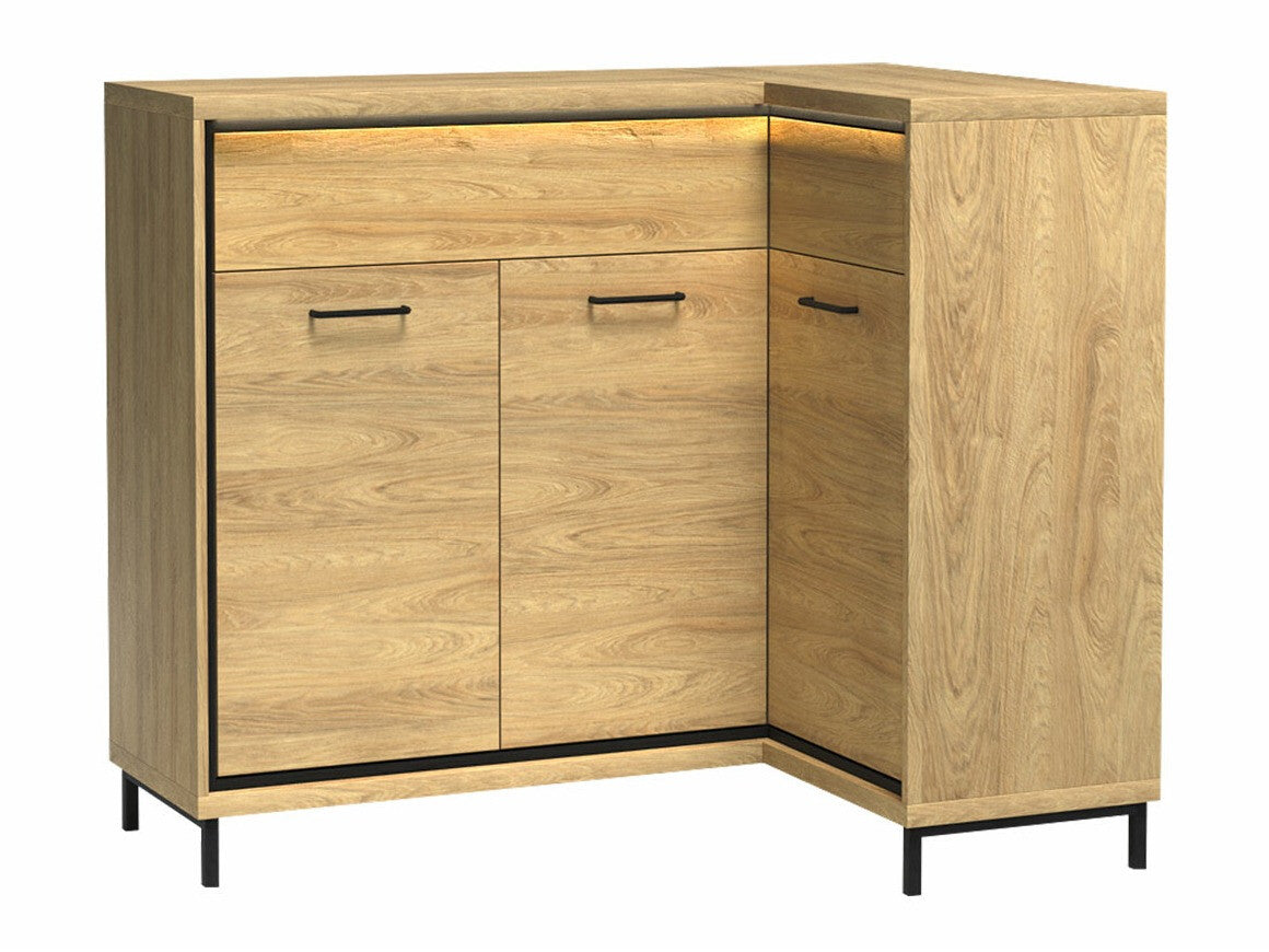 Sarok komód MEDIOLAN 15 K (Sarged SR15 K), Szín: Fényes fa, Led világítás: Igen, Lábak: Igen