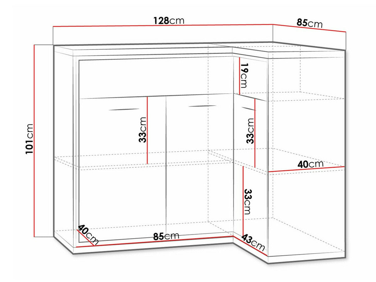 Sarok komód MEDIOLAN 15 K (Sarged SR15 K), Szín: Fényes fa + Tölgy, Led világítás: Nem, Lábak: Nem