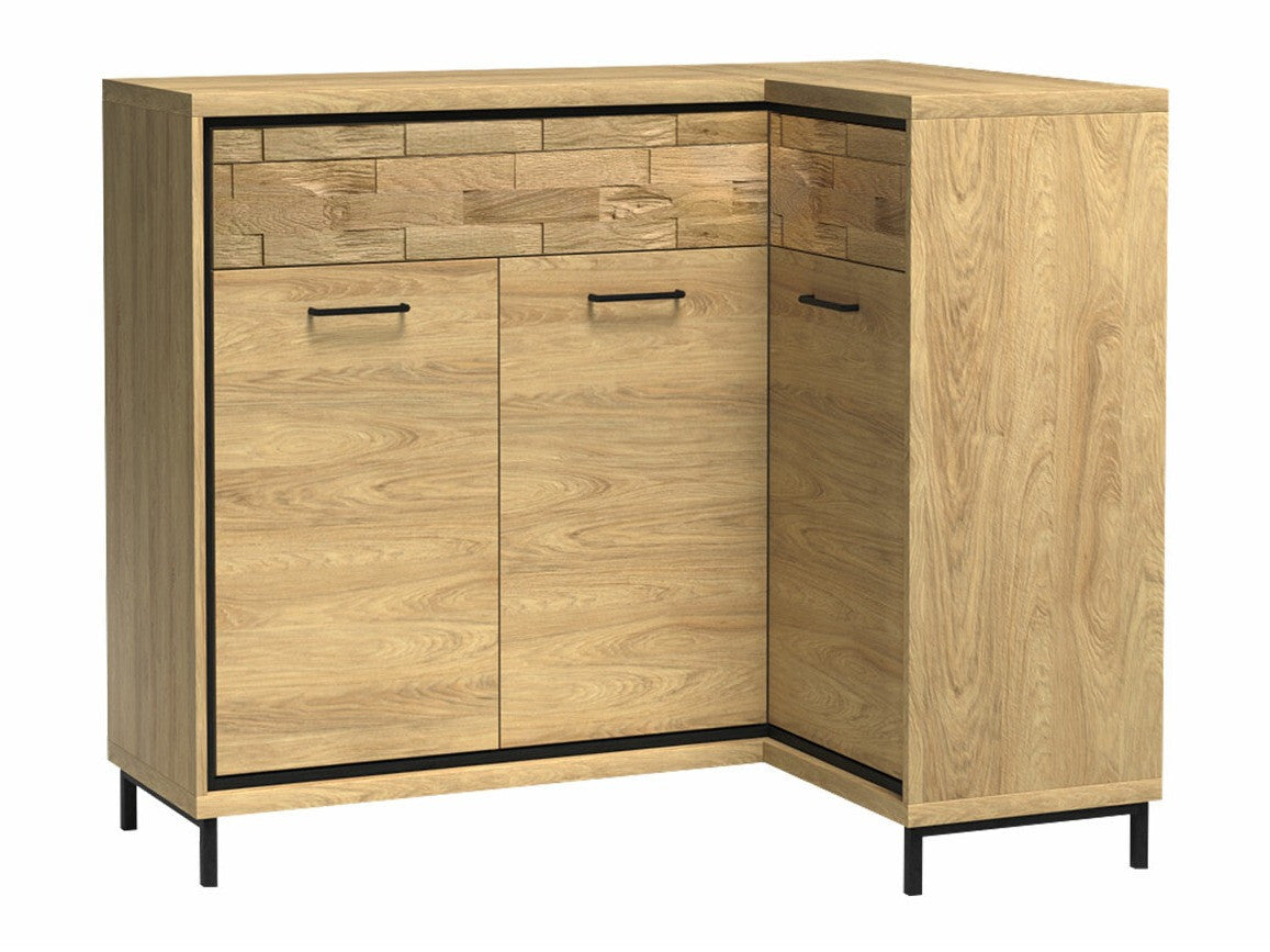 Sarok komód MEDIOLAN 15 K (Sarged SR15 K), Szín: Fényes fa + Tölgy, Led világítás: Nem, Lábak: Igen