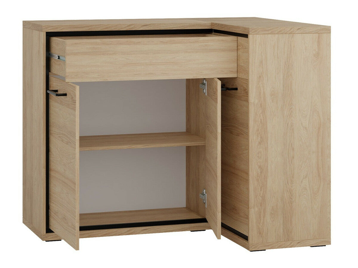 Sarok komód MEDIOLAN 15 K (Sarged SR15 K), Szín: Fényes fa + Tölgy, Led világítás: Nem, Lábak: Igen