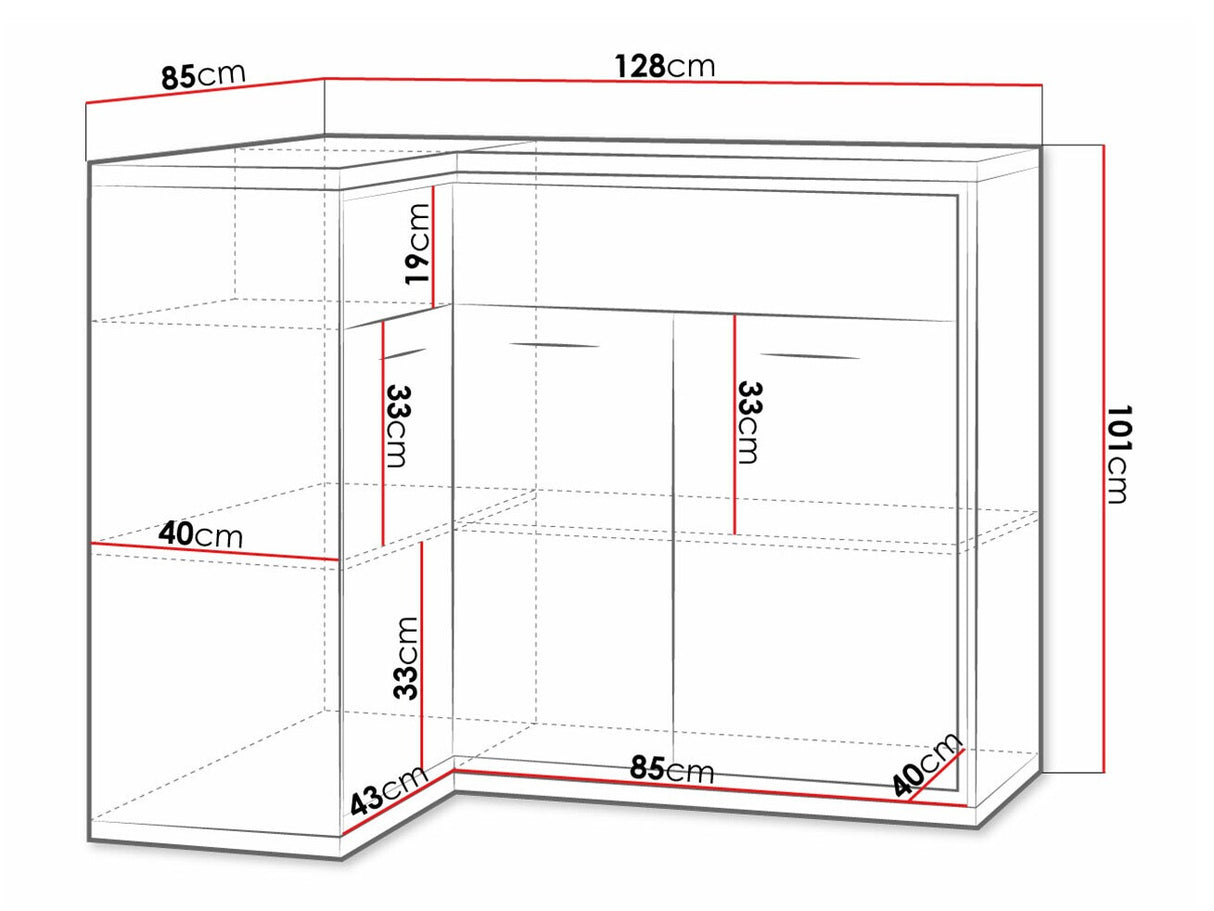 Sarok komód MEDIOLAN 15 O (Sarged SR15 O), Szín: Fényes fa, Led világítás: Nem, Lábak: Nem