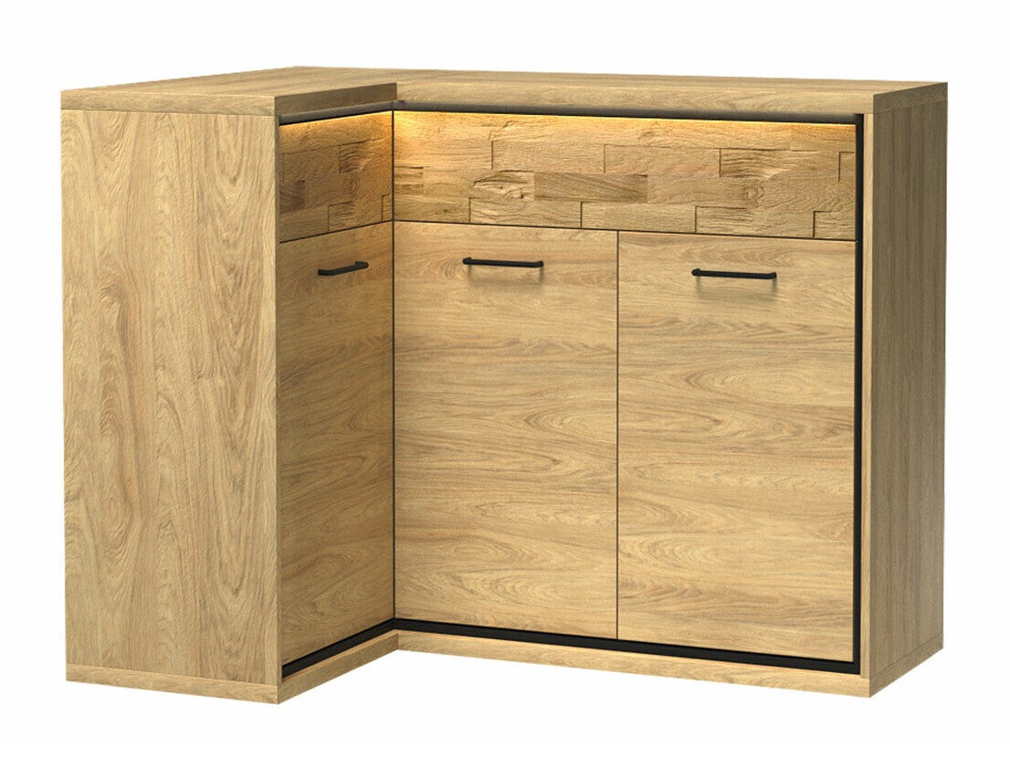 Sarok komód MEDIOLAN 15 O (Sarged SR15 O), Szín: Fényes fa + Tölgy, Led világítás: Igen, Lábak: Nem