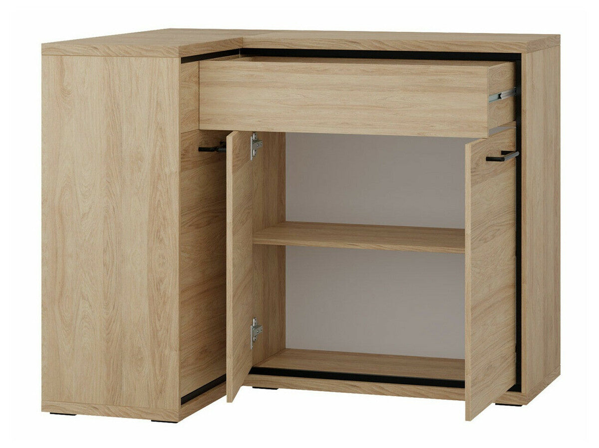 Sarok komód MEDIOLAN 15 O (Sarged SR15 O), Szín: Fényes fa + Tölgy, Led világítás: Igen, Lábak: Nem