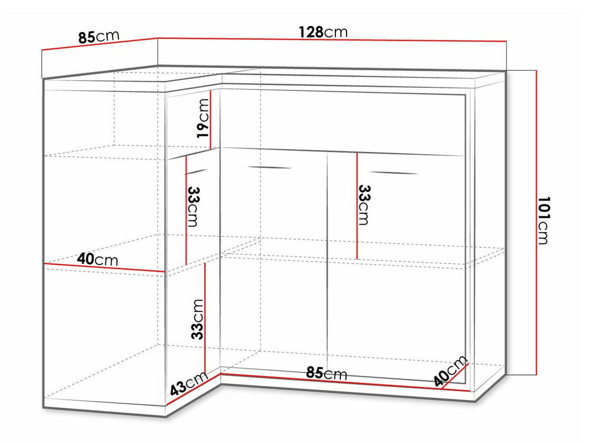 Sarok komód MEDIOLAN 15 O (Sarged SR15 O), Szín: Fényes fa + Tölgy, Led világítás: Igen, Lábak: Nem