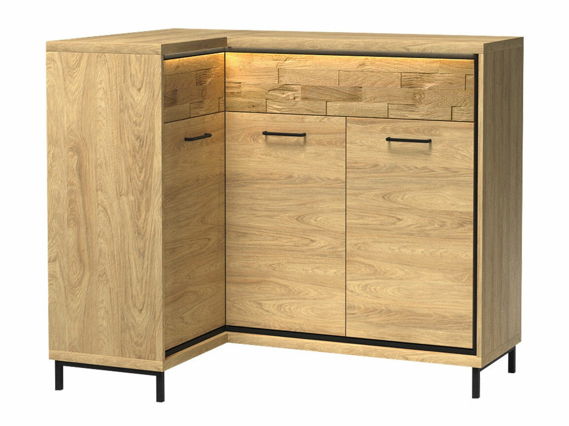 Sarok komód MEDIOLAN 15 O (Sarged SR15 O), Szín: Fényes fa + Tölgy, Led világítás: Igen, Lábak: Igen