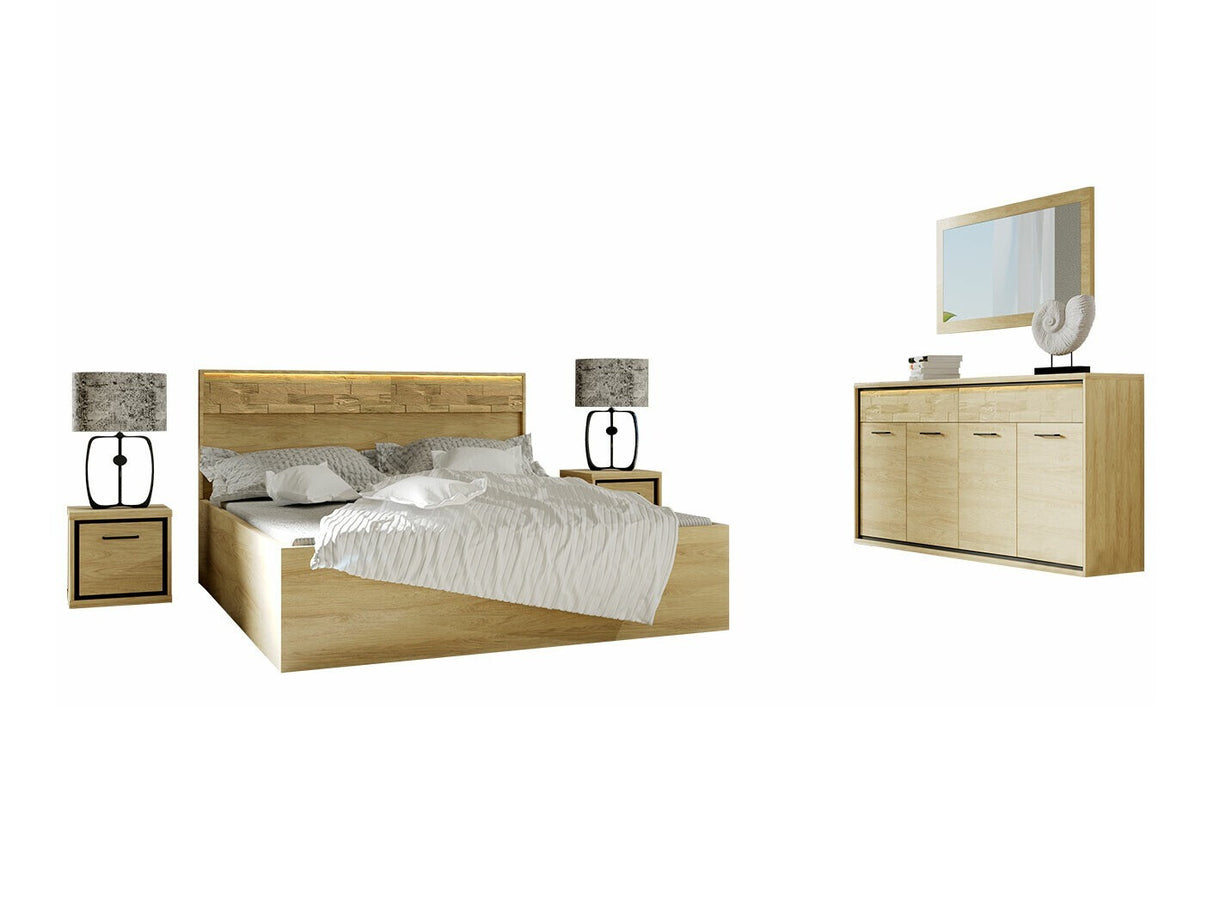 Hálószoba garnitúra MEDIOLAN I (Sarged I), Szín: Fényes fa + Tölgy, Led világítás: Igen, Lábak: Nem