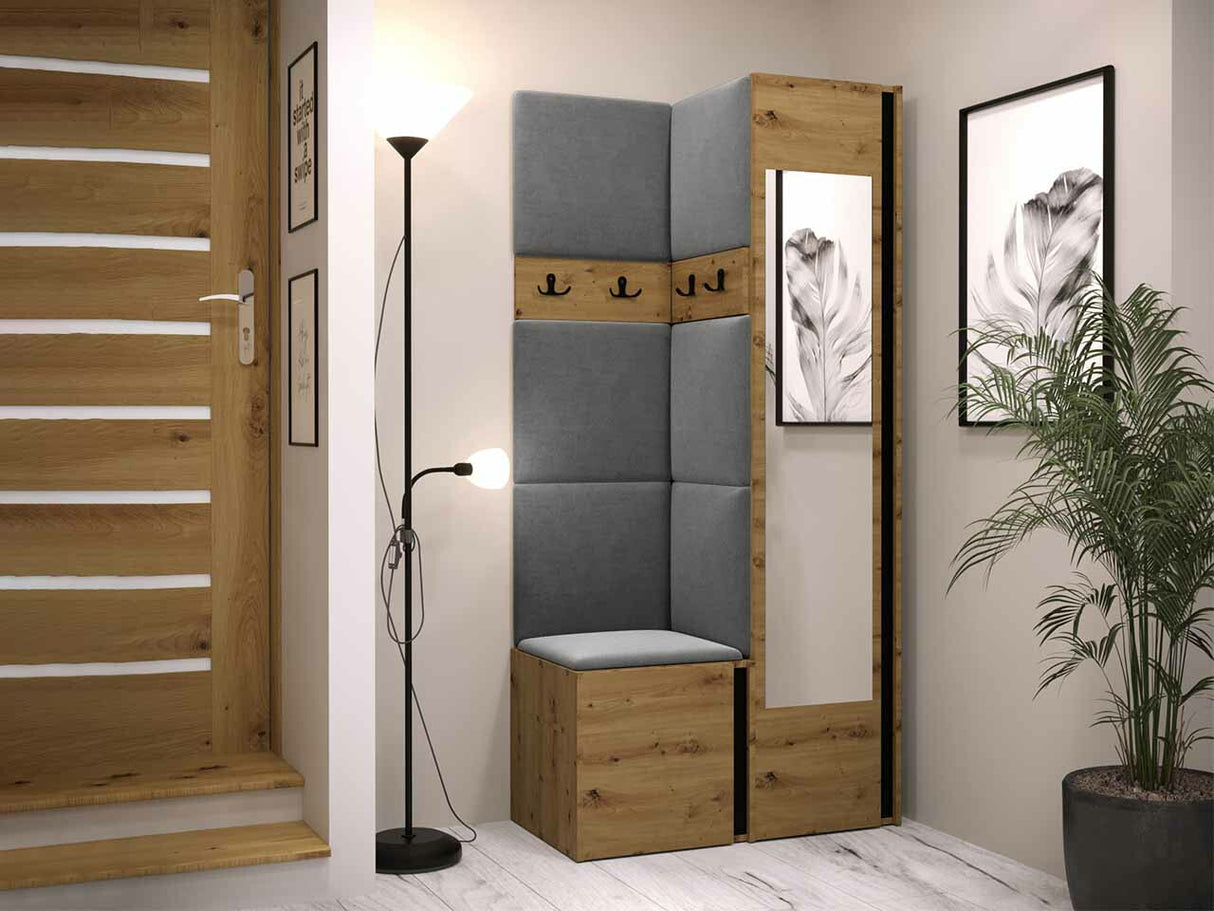 Előszoba garnitúra ORION XXV (Tavasz XXV), Keret színe: Artisan tölgy + Fekete, Puha falpanel színe: Manila 16