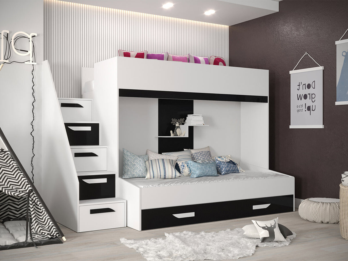 Emeletes ágy PARTY 16 (Pen 16), Szín: Fehér + Fényes fekete + Fényes fehér