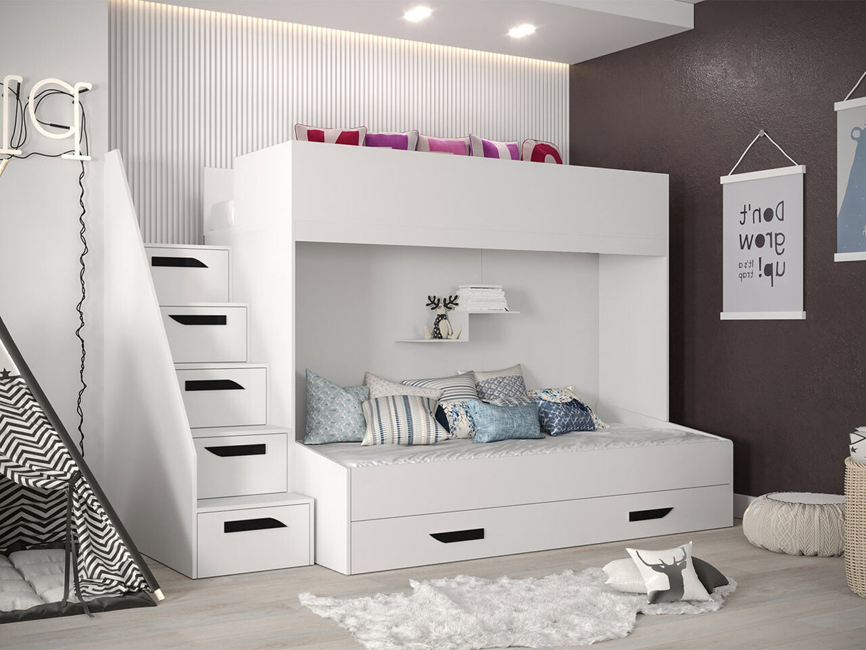 Emeletes ágy PARTY 16 (Pen 16), Szín: Fehér + Fényes fehér + Fekete