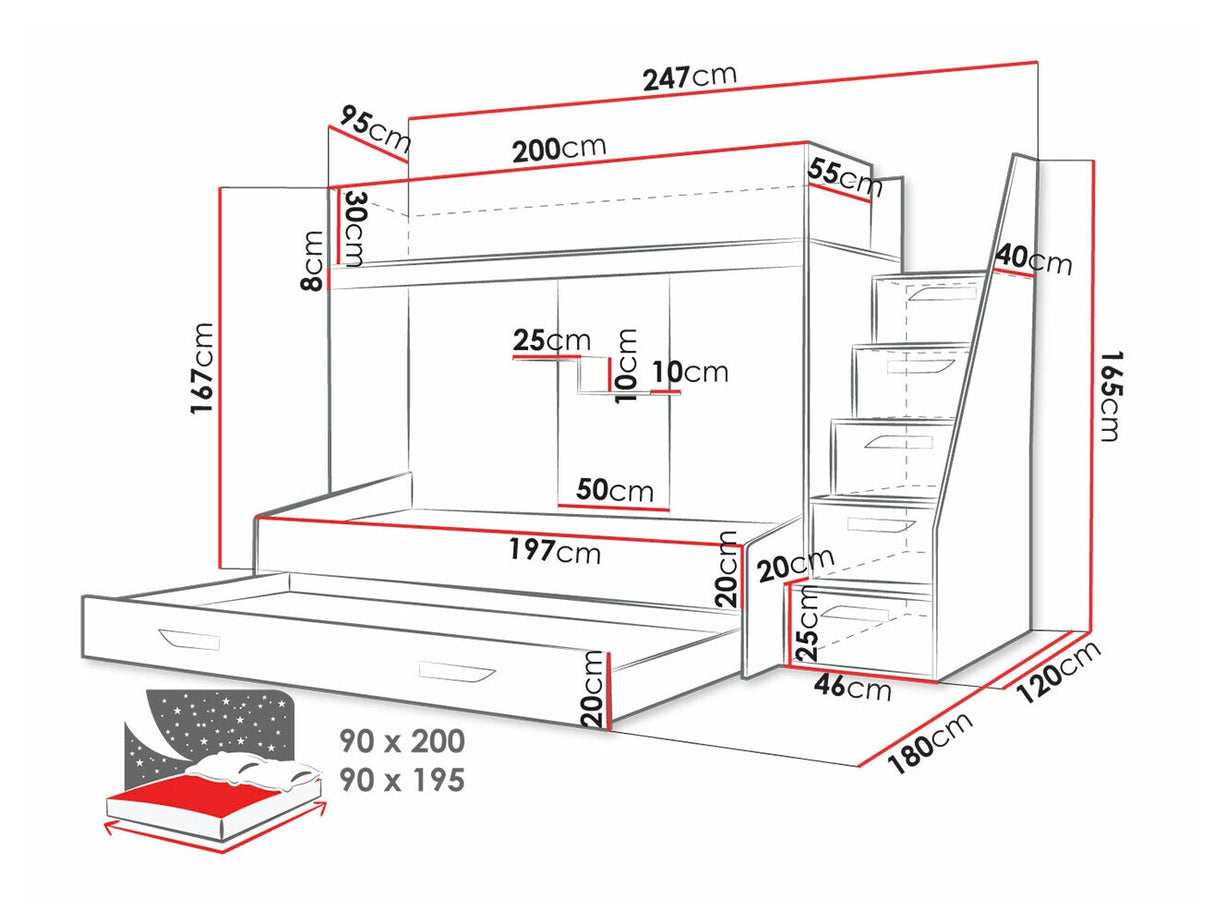 Emeletes ágy PARTY 16 (Pen 16), Szín: Fehér + Fényes Türkiz + Fényes fehér