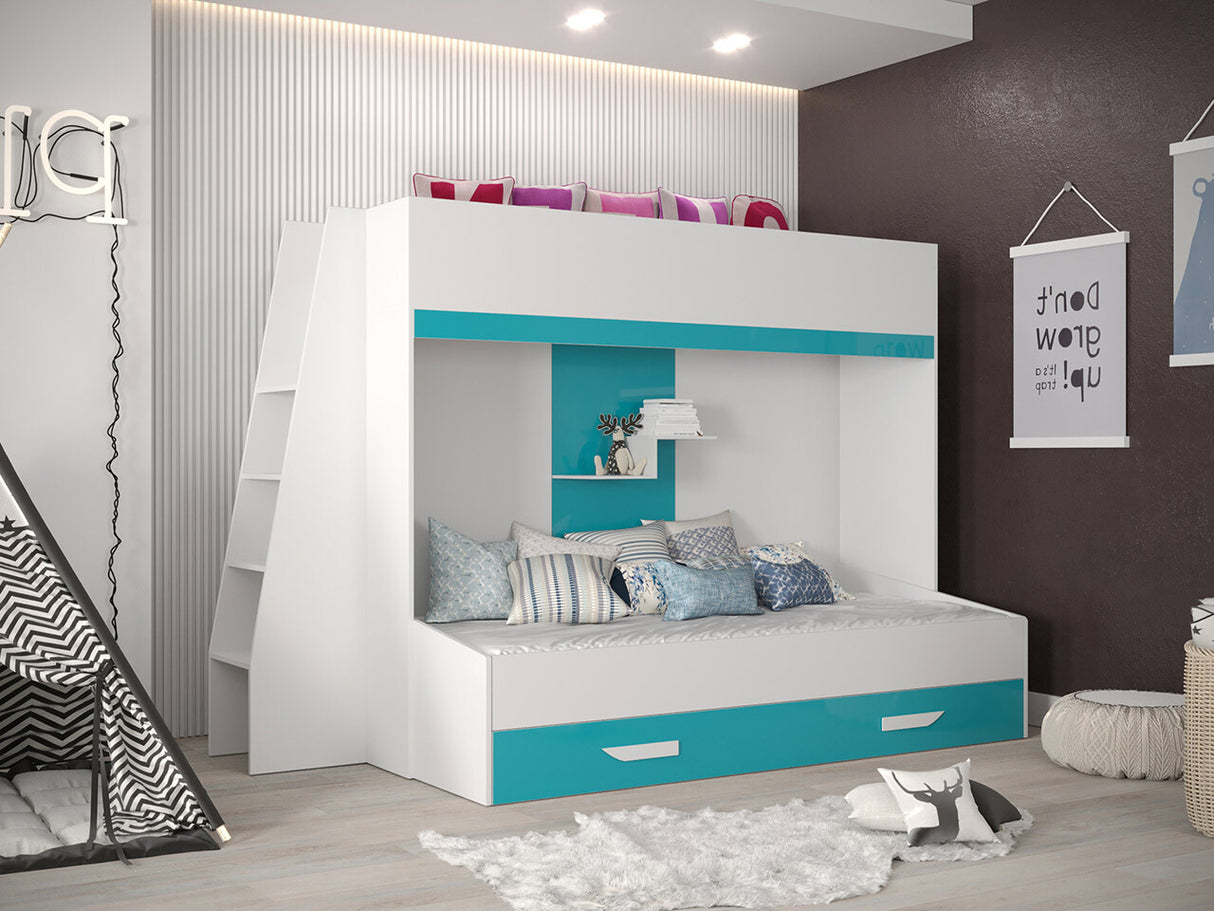 Emeletes ágy PARTY 17 (Pen 17), Szín: Fehér + Fényes Türkiz + Fényes fehér