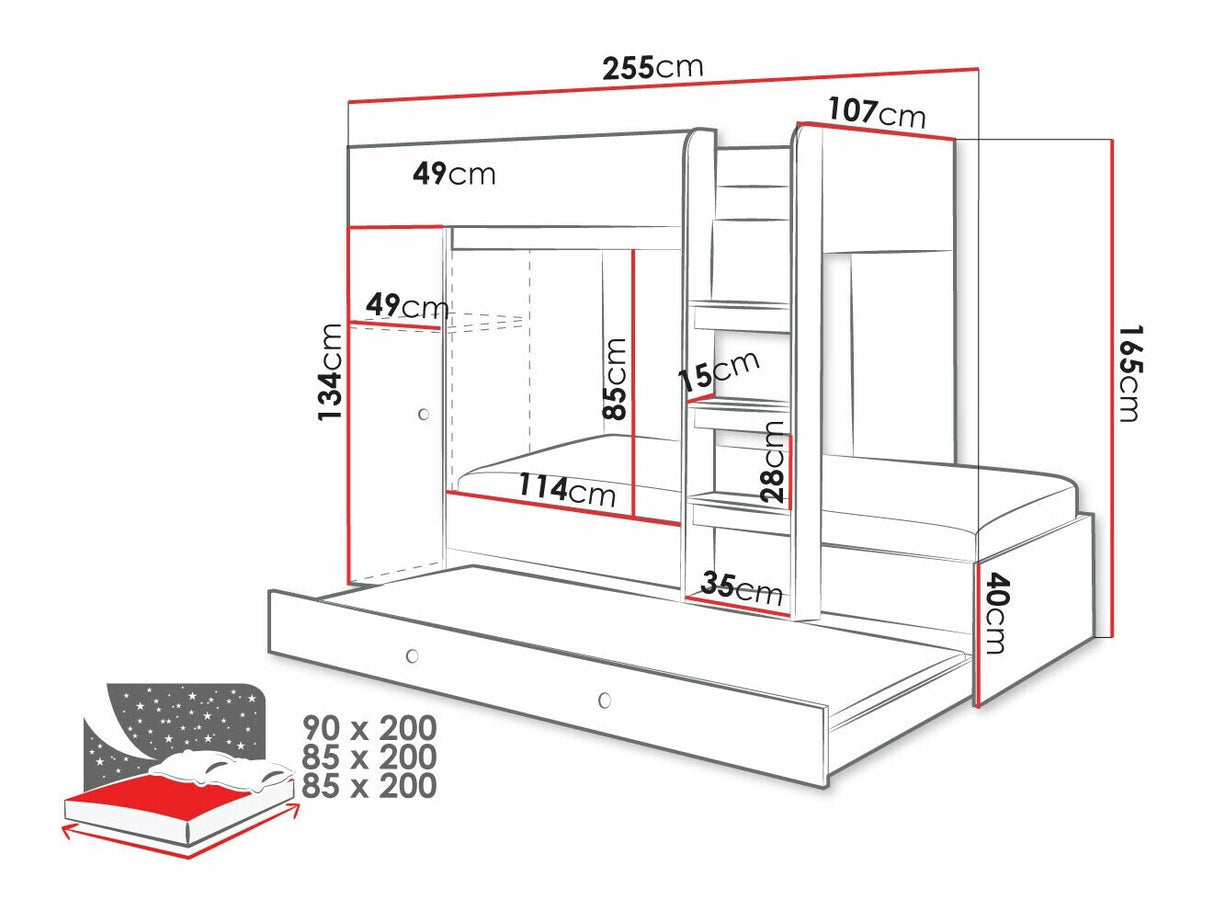 Emeletes ágy SMART 2, Szín: Artisan tölgy + Fekete