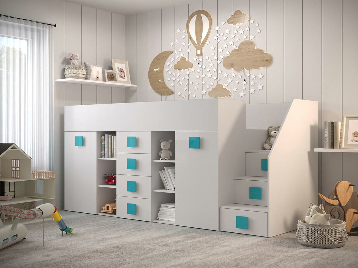 Galériaágy TOLEDO 3, Szín: Fehér + Fényes fehér + Türkiz, Változatok: Jobbos