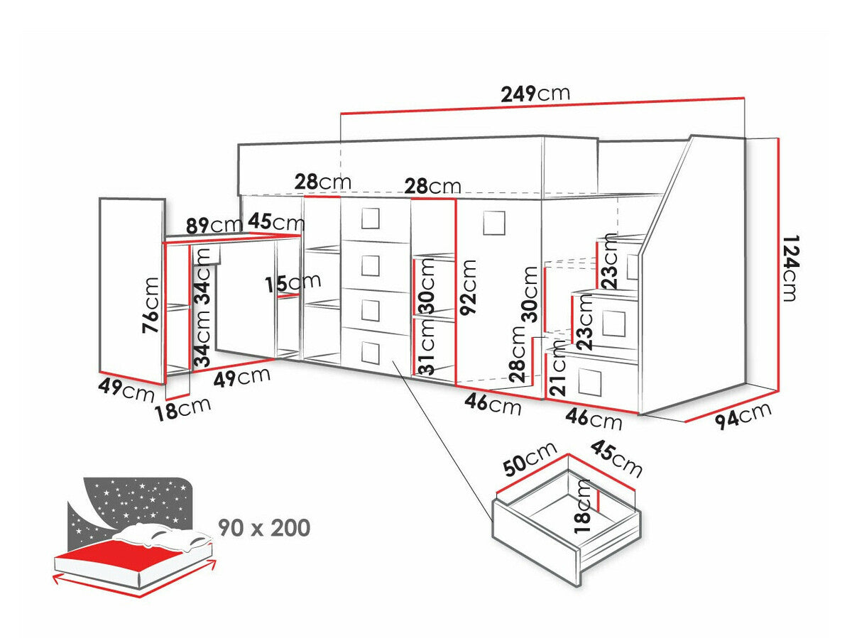 Galériaágy TOLEDO 3, Szín: Fehér + Fényes fehér, Változatok: Jobbos