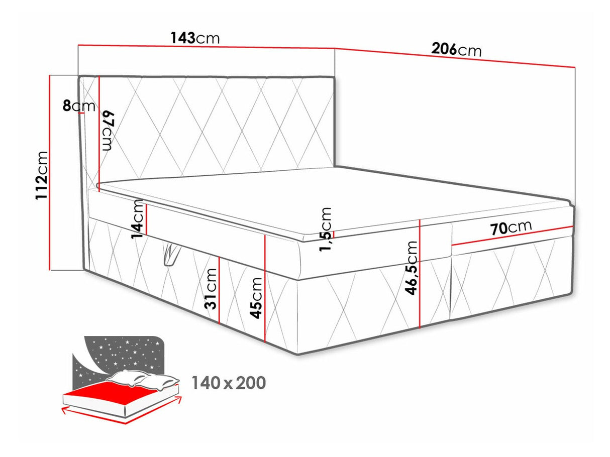 Kontinentális ágy Simoti (Tebsilo), Alvó felület mérete: 140 x 200 cm, Szín: Magic Velvet 2216