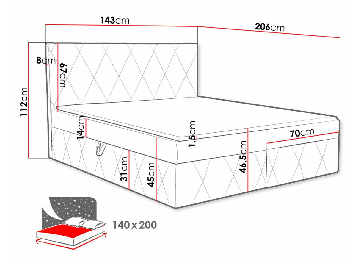 Kontinentális ágy Simoti (Tebsilo), Alvó felület mérete: 140 x 200 cm, Szín: Magic Velvet 2250