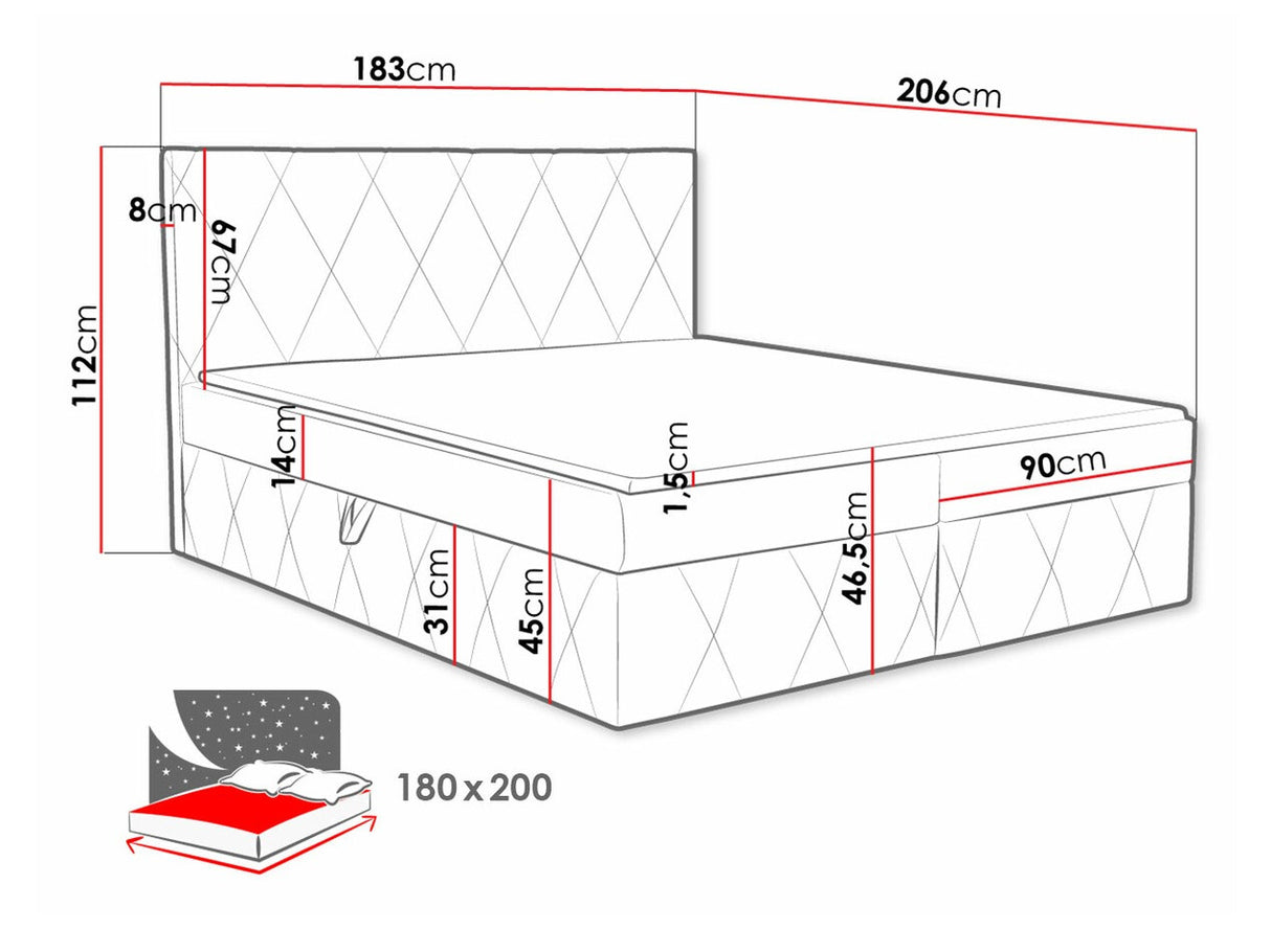 Kontinentális ágy Simoti (Tebsilo), Alvó felület mérete: 180 x 200 cm, Szín: Magic Velvet 2267