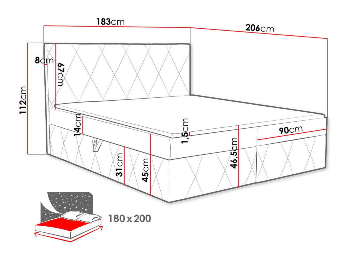 Kontinentális ágy Simoti (Tebsilo), Alvó felület mérete: 180 x 200 cm, Szín: Magic Velvet 2225