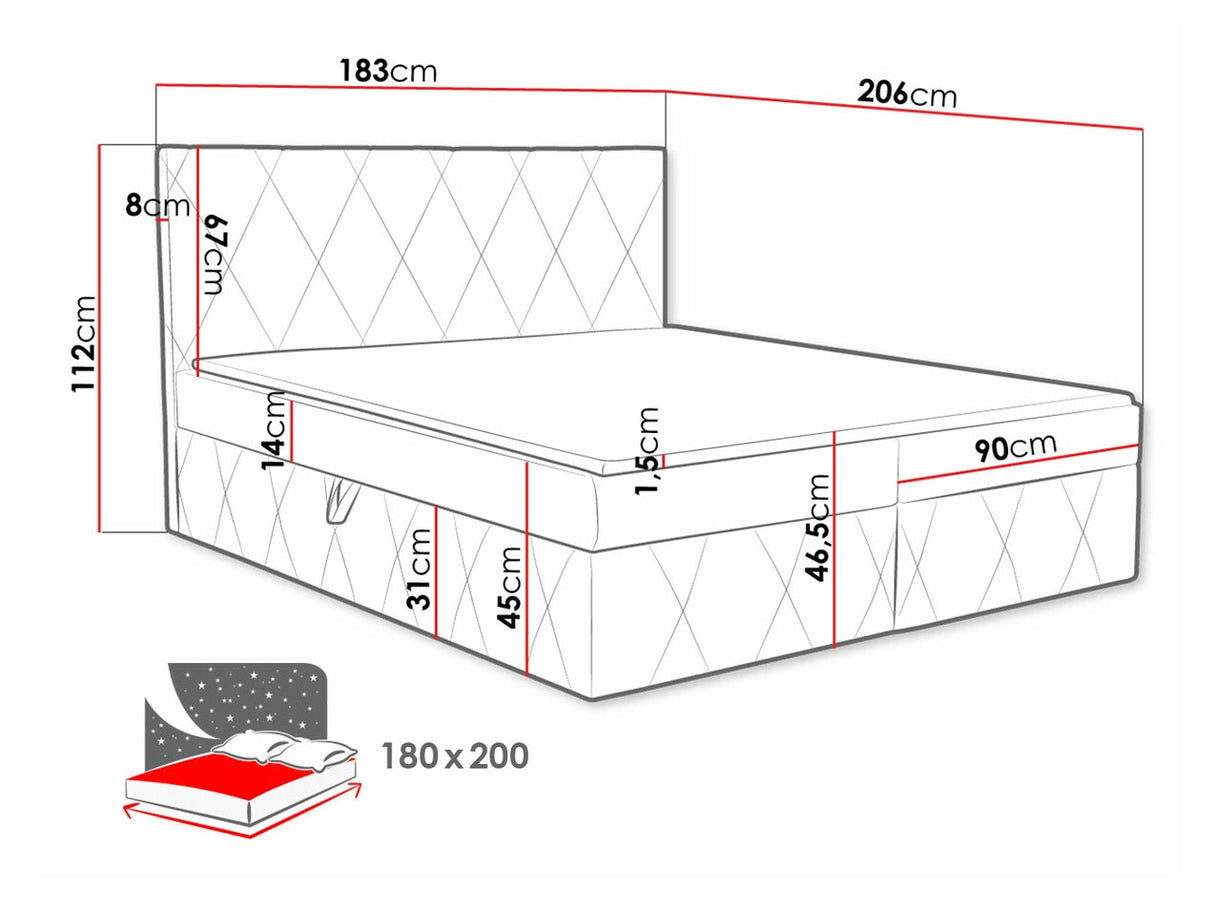 Kontinentális ágy Simoti (Tebsilo), Alvó felület mérete: 180 x 200 cm, Szín: Magic Velvet 2299