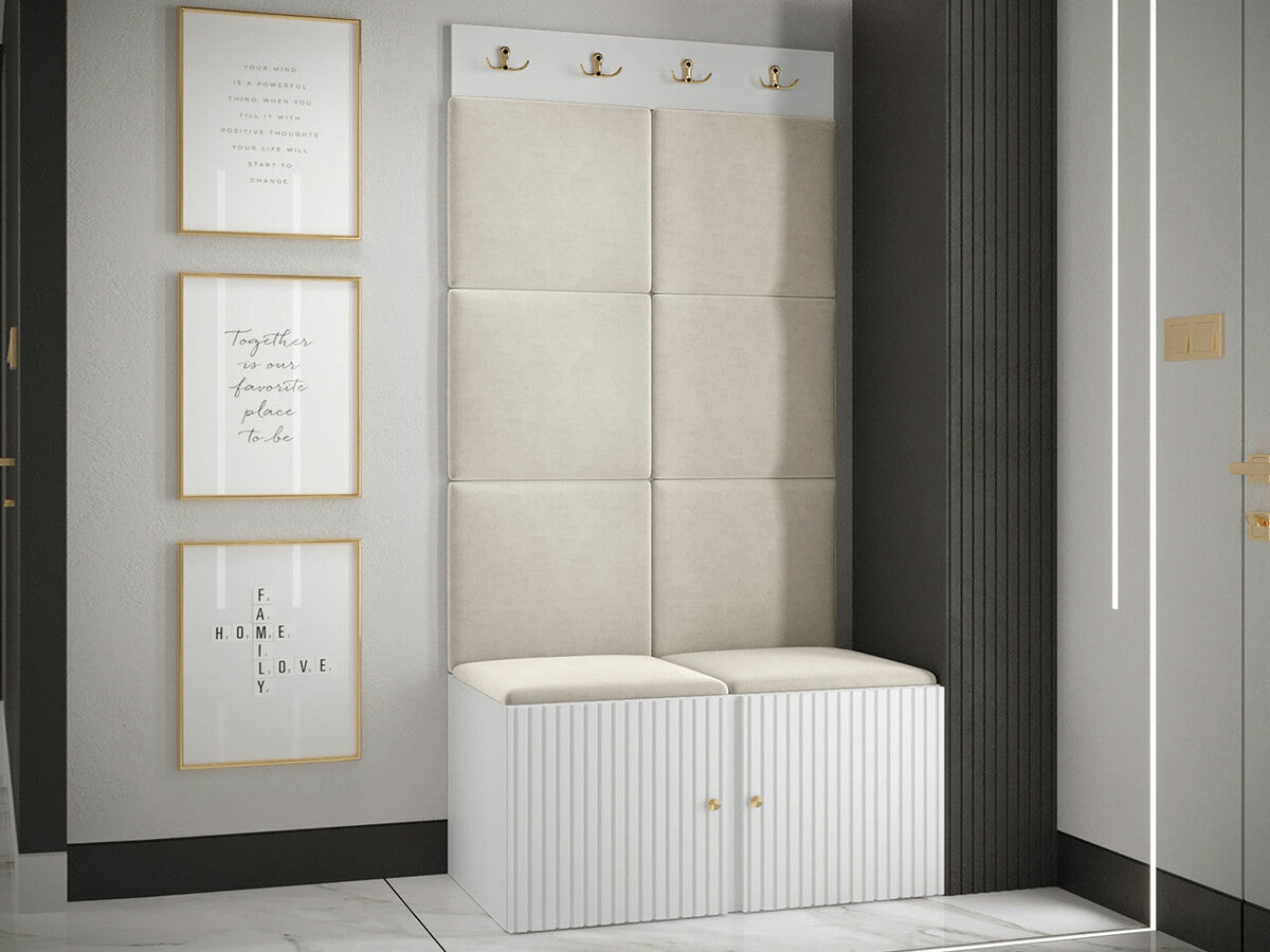 Előszoba garnitúra ORION RYFEL SLIM IV (Towiro), Keret színe: Fehér, Puha falpanel színe: Manila 02
