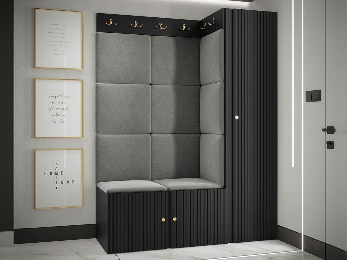 Előszoba garnitúra ORION RYFEL SLIM IX (Towiro), Keret színe: Fekete, Puha falpanel színe: Manila 16