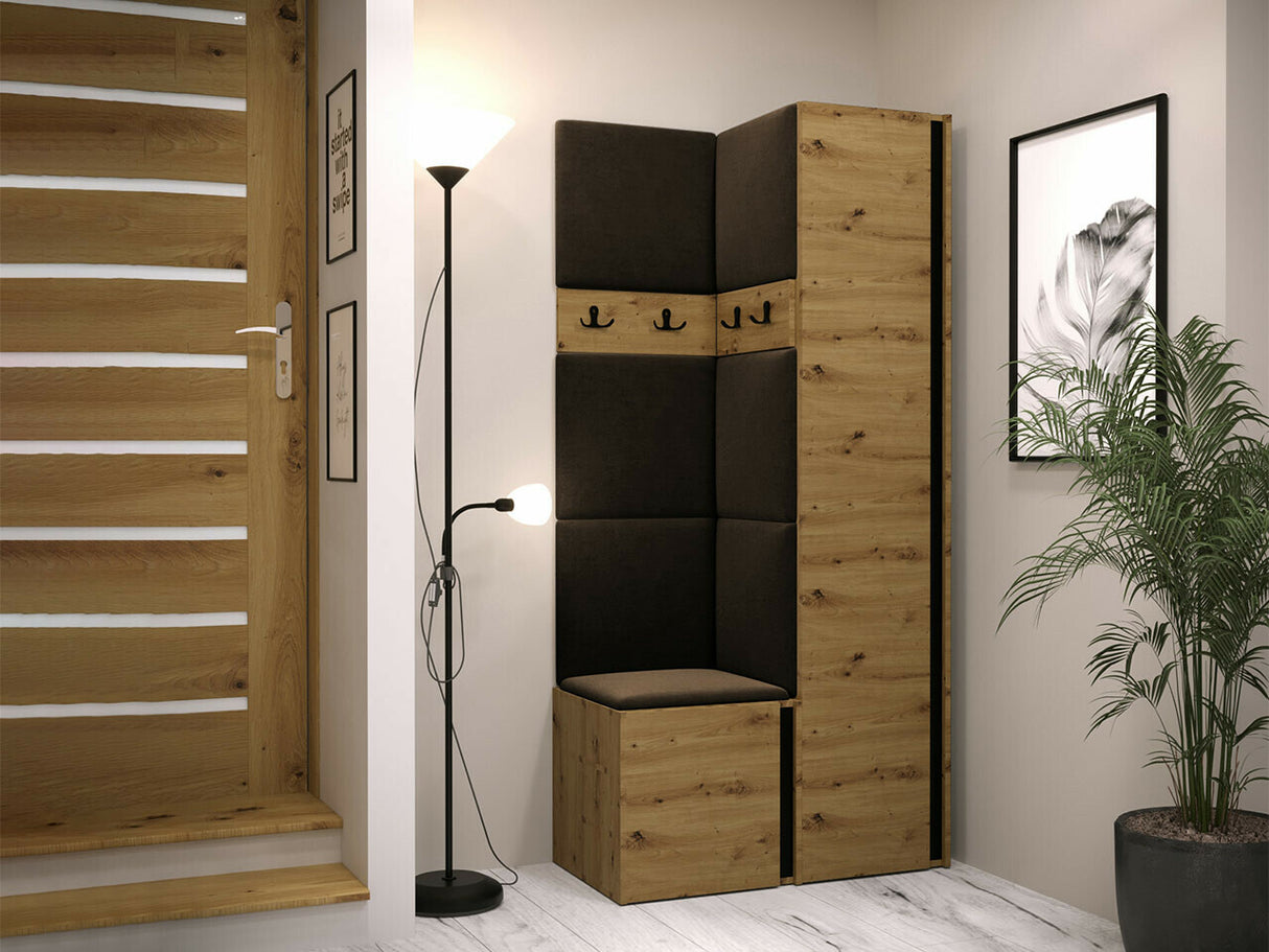 Előszoba garnitúra ORION XXIV (Tavasz XXIV), Keret színe: Artisan tölgy + Fekete, Puha falpanel színe: Manila 04