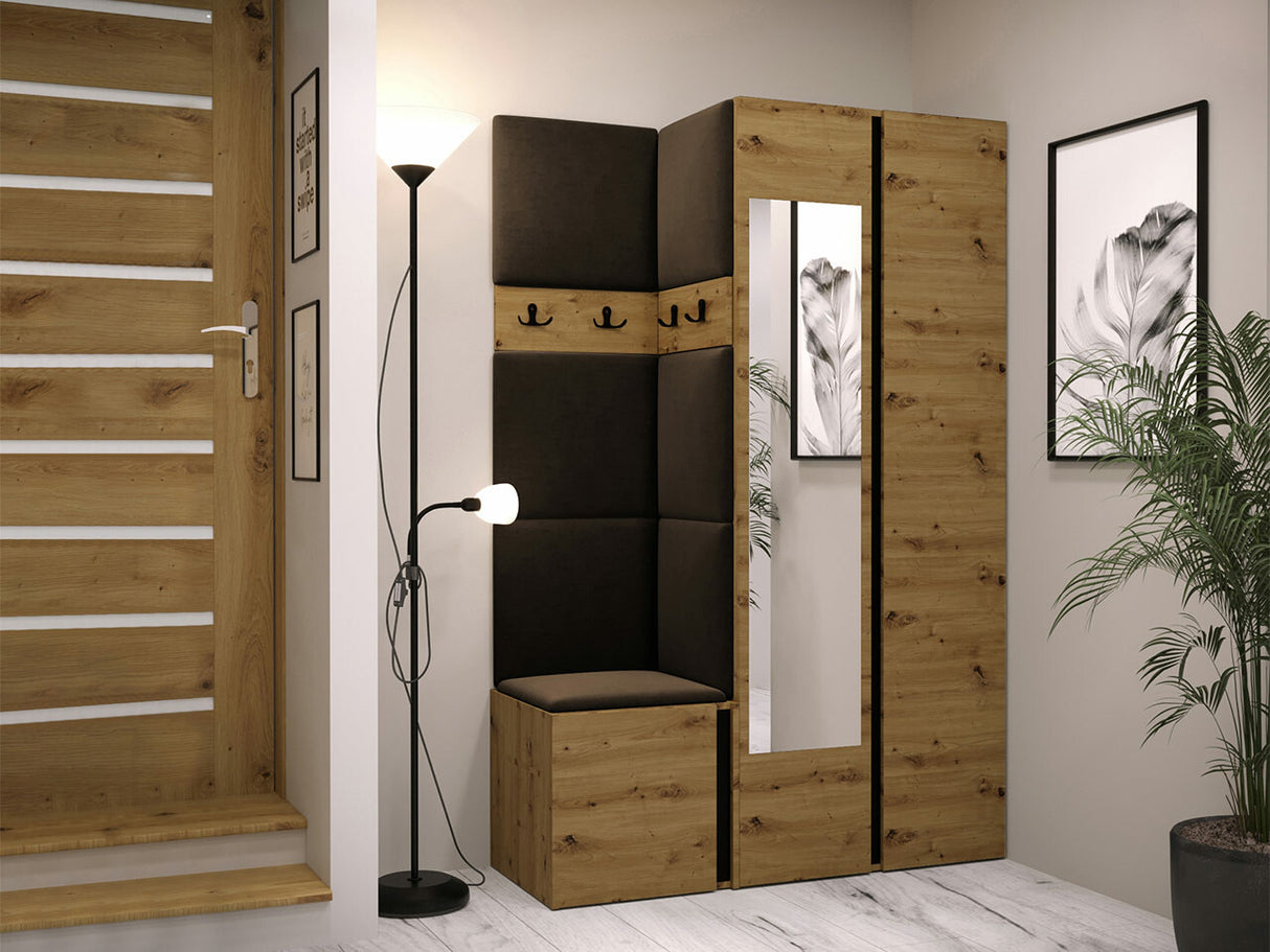 Előszoba garnitúra ORION XXVI (Tavasz XXVI), Keret színe: Artisan tölgy + Fekete, Puha falpanel színe: Manila 04