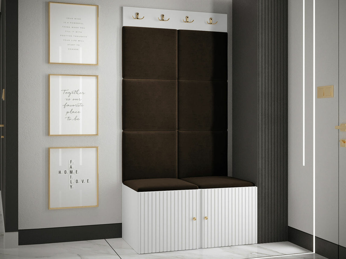 Előszoba garnitúra ORION RYFEL SLIM IV (Towiro), Keret színe: Fehér, Puha falpanel színe: Manila 04