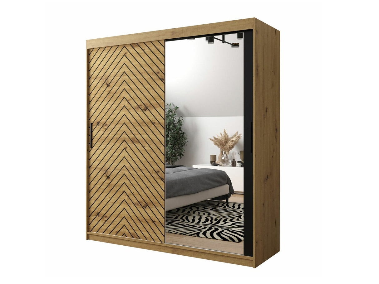 Gardróbszekrény 180 Jodełka 2 (Ratintu), Szín: Artisan tölgy + Fekete, Fiókok: Igen