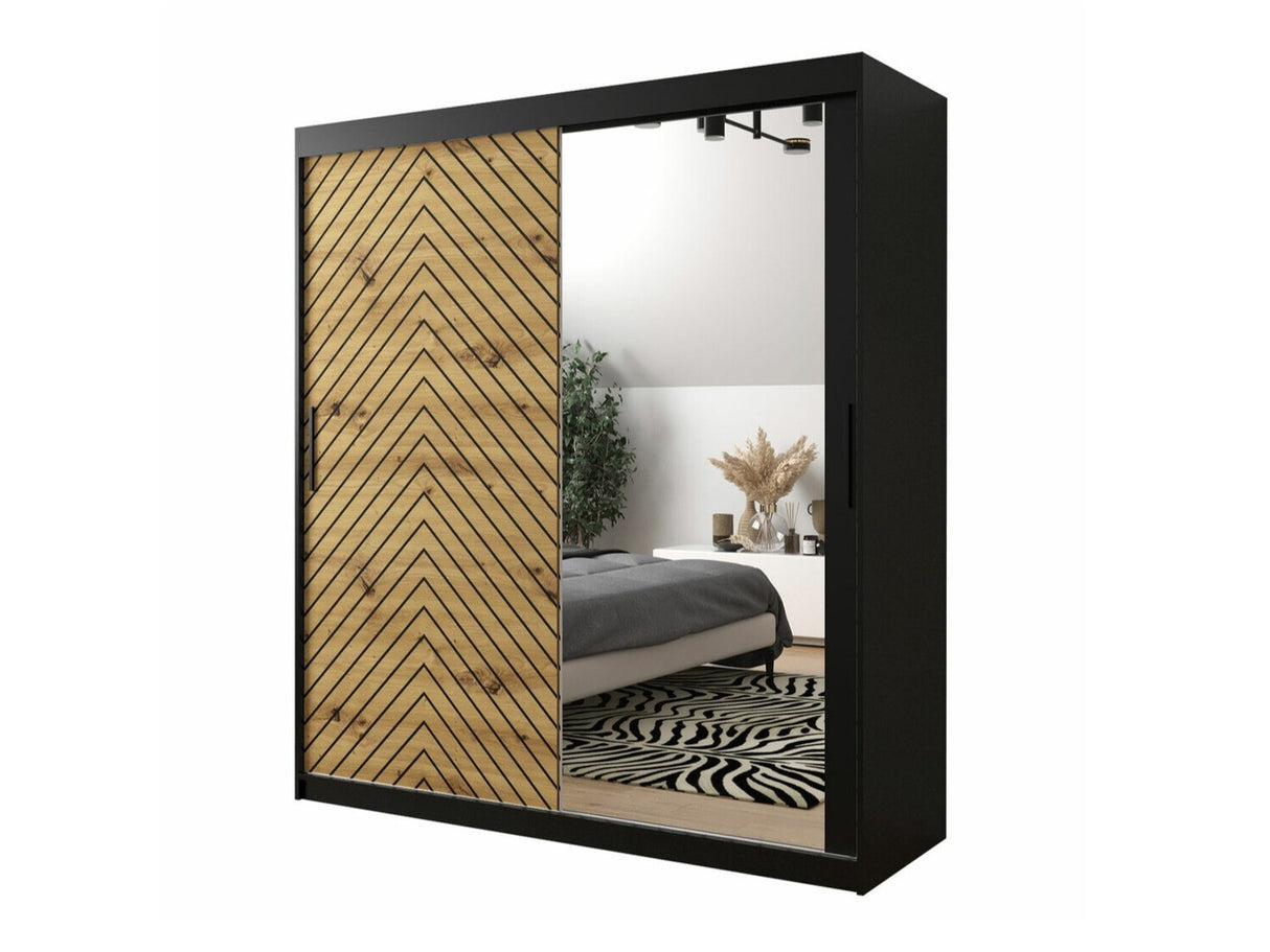 Gardróbszekrény 180 Jodełka 2 (Ratintu), Szín: Fekete + Artisan tölgy, Fiókok: Igen