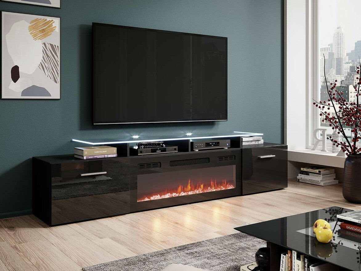 TV-állvány ROVA EF z kominkiem (Kebuta), Szín: Fekete + Fényes fekete, Led világítás: Igen