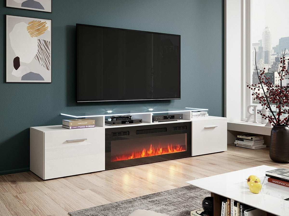 TV-állvány ROVA EF z kominkiem (Kebuta), Szín: Fehér + Fényes fehér, Led világítás: Nem