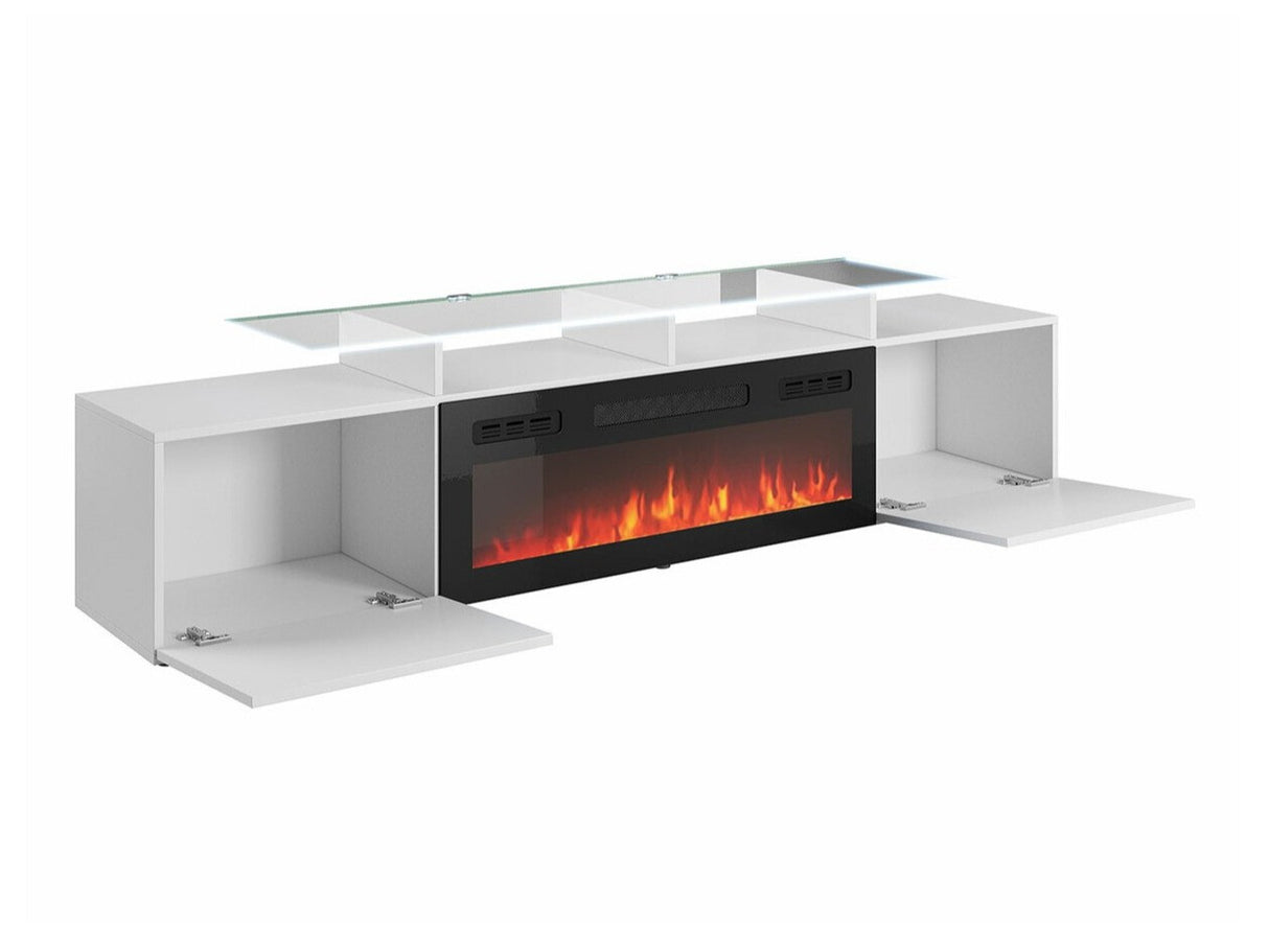 TV-állvány ROVA EF z kominkiem (Kebuta), Szín: Fehér + Fényes fehér, Led világítás: Igen