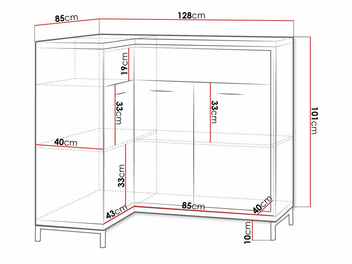 Sarok komód MEDIOLAN 15 O (Sarged SR15 O), Szín: Fényes fa, Led világítás: Nem, Lábak: Igen