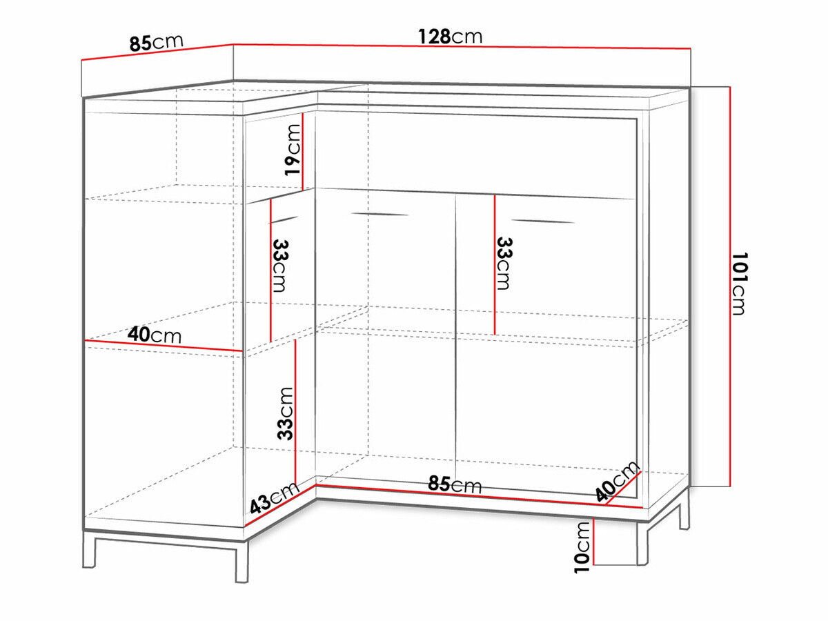 Sarok komód MEDIOLAN 15 O (Sarged SR15 O), Szín: Fényes fa + Tölgy, Led világítás: Igen, Lábak: Igen