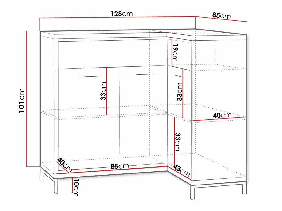 Sarok komód MEDIOLAN 15 K (Sarged SR15 K), Szín: Fényes fa, Led világítás: Nem, Lábak: Igen