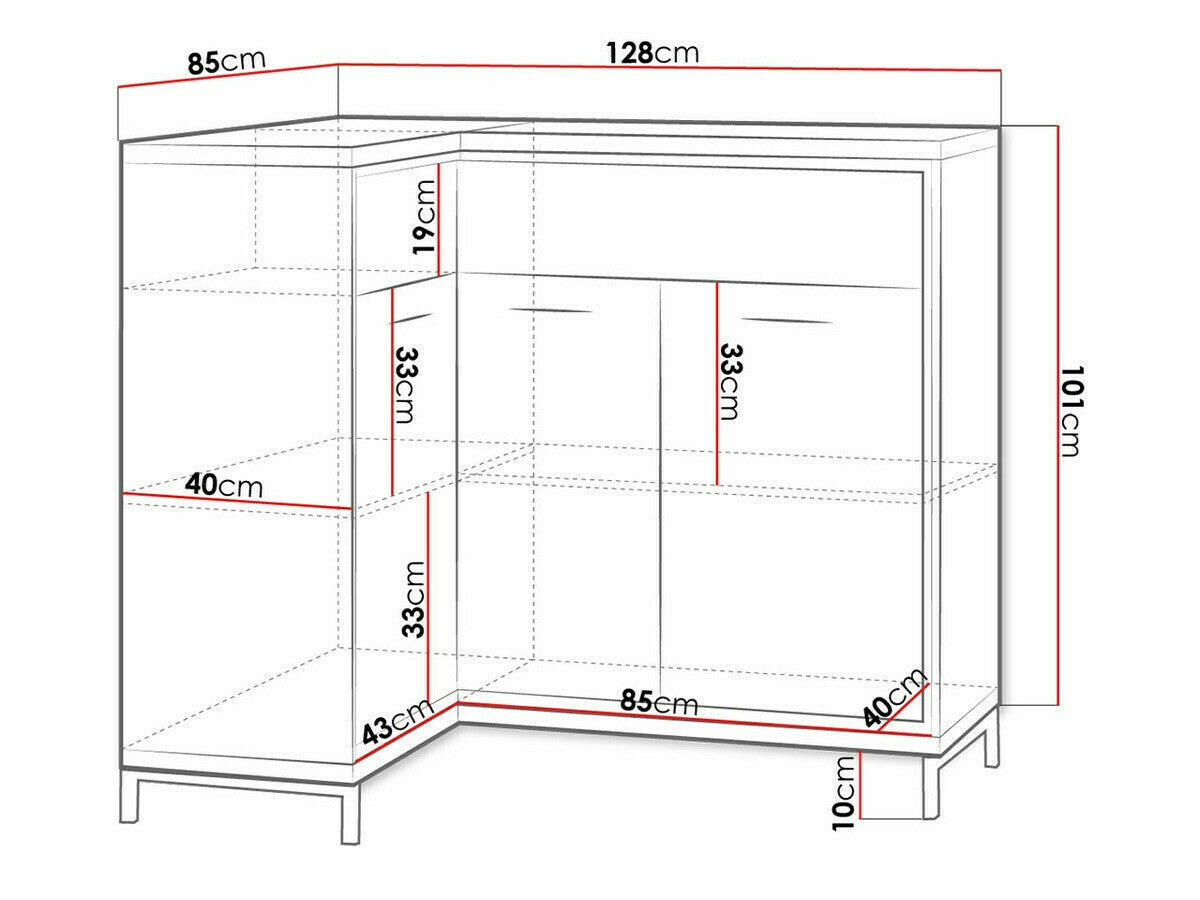 Sarok komód MEDIOLAN 15 K (Sarged SR15 K), Szín: Fényes fa + Tölgy, Led világítás: Nem, Lábak: Igen
