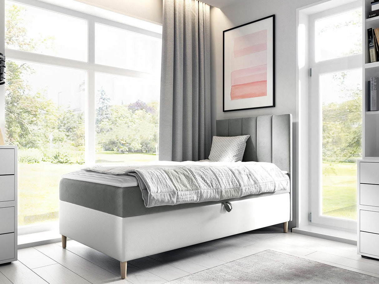 Kontinentális ágy JUNIOR MAJA 1 (Junior Kamire 1), Szín: Öko bőr Soft 017 + Fresh 14, Ágyneműtartó: Jobbra, Alvó felület mérete: 100 x 200 cm