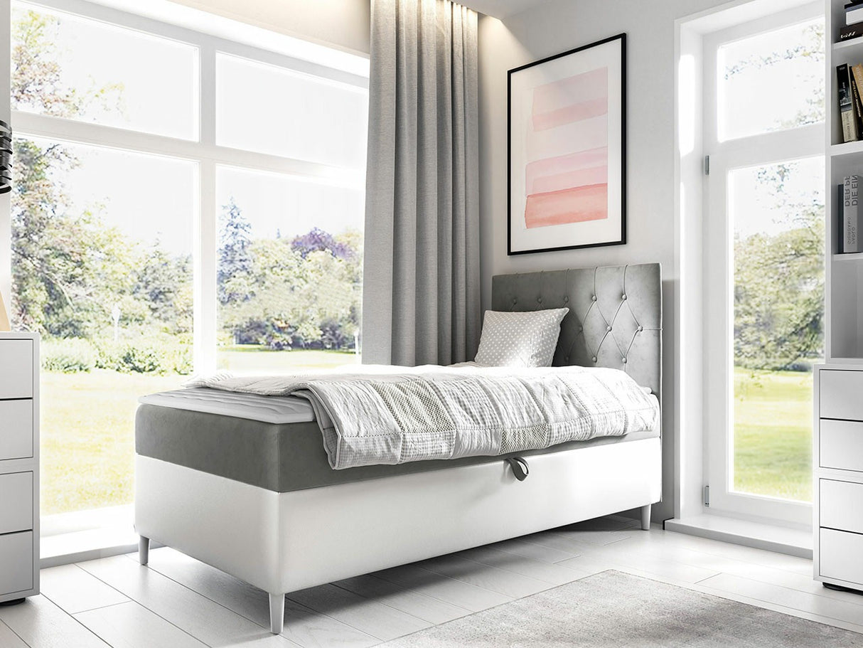 Kontinentális ágy JUNIOR FILIP 1, Szín: Öko bőr Soft 017 + Fresh 14, Ágyneműtartó: Jobbra, Alvó felület mérete: 100 x 200 cm