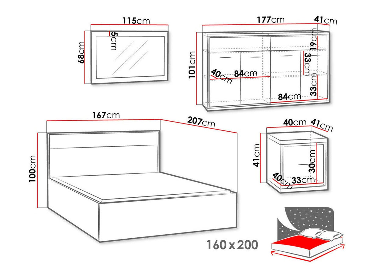 Hálószoba garnitúra MEDIOLAN I (Sarged I), Szín: Fényes fa + Tölgy, Led világítás: Igen, Lábak: Nem