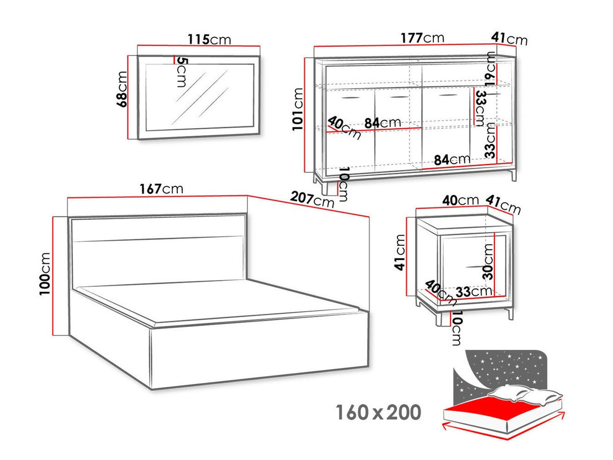 Hálószoba garnitúra MEDIOLAN I (Sarged I), Szín: Fényes fa, Led világítás: Igen, Lábak: Igen
