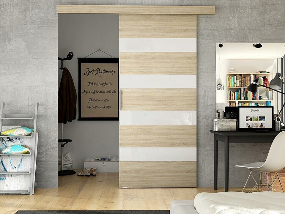 Tolóajtók Drzwi przesuwne RUBI V + samodomykacz, Szín: Sonoma tölgy + Fehér